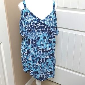 SIGNATURE WEEKEND women plus size 2X shoulder straps blue white black blouse
